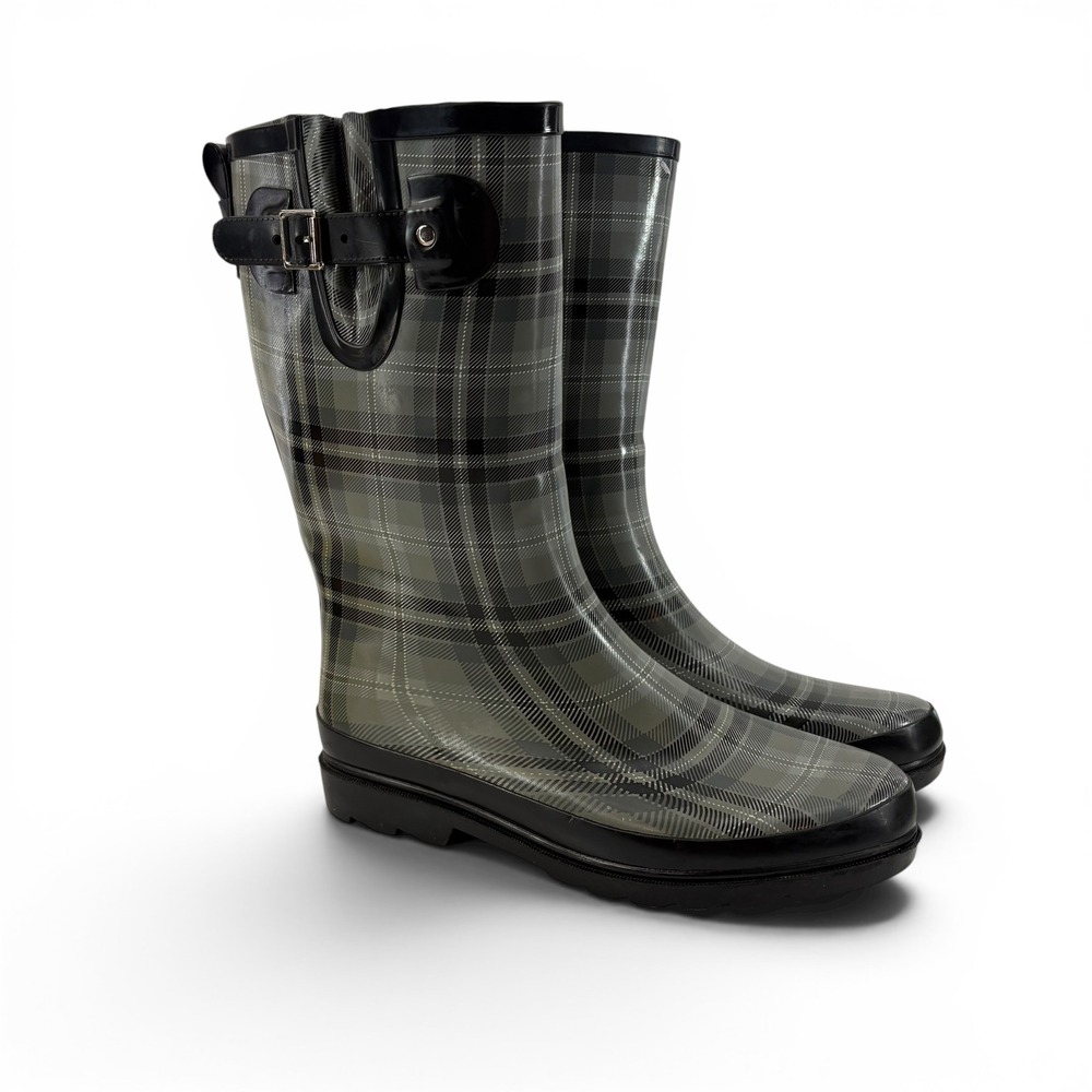 Western Chief Women's  Grey Plaid Tall Waterproof Rubber Rain Boots Size 10